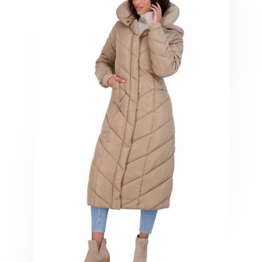 NWT Steve Madden Champagne Quilted Long Puffer Coat XS Winter Quiet Luxury